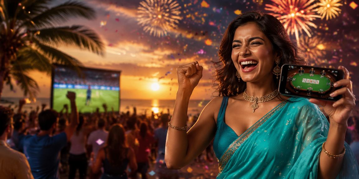 Female player enjoying live poker game on mobile phone at Goa beach