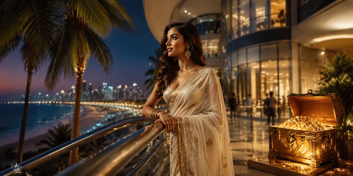 Indian woman celebrating with phone and casino gaming background