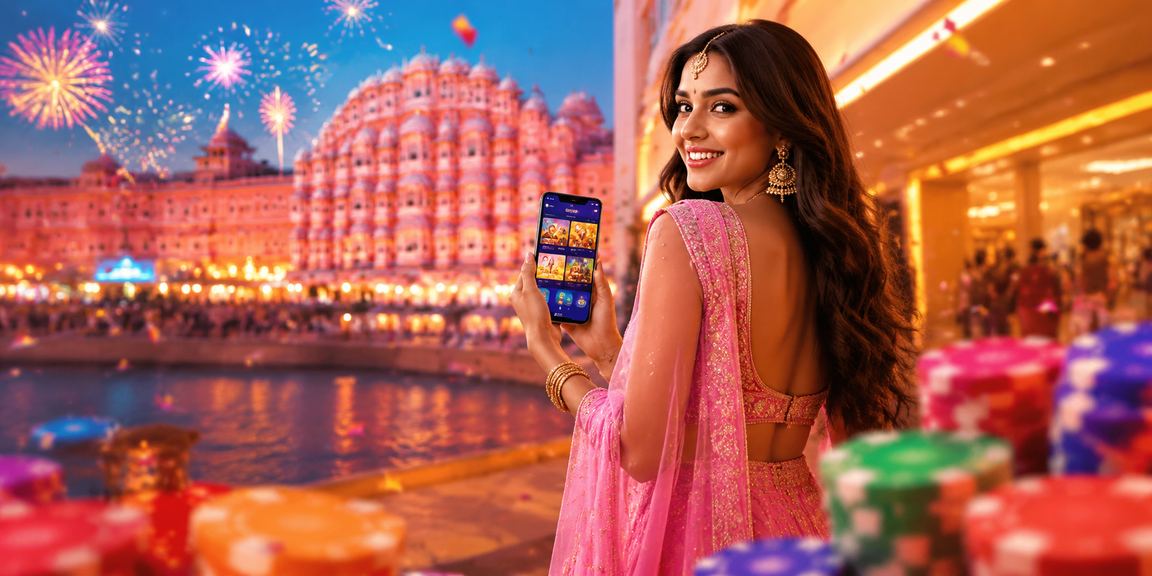 Player enjoying Andar Bahar on mobile in Jaipur with Hawa Mahal background
