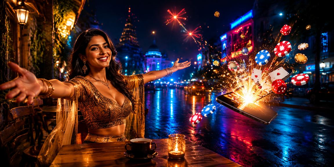 Player enjoying online slots on mobile phone in Mumbai night market